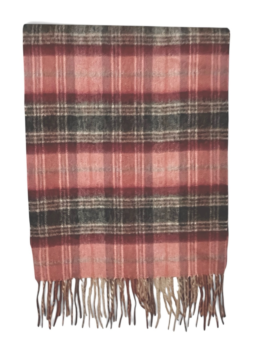 Joseph Abboud Wool Cashmere Scarf Plaid Red Gray Fringe Winter 54 x 11 Unisex